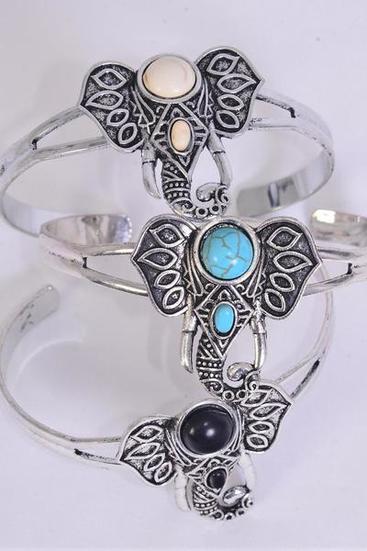 Bracelet Cuff Elephant Semiprecious Stone / 12 pcs = Dozen match 03097 Flexable , Elephant-1.5"x 1" Wide , 4 Black , 4 Ivory , 4 Turquoise Asst , Hang Tag & OPP Bag & UPC Code