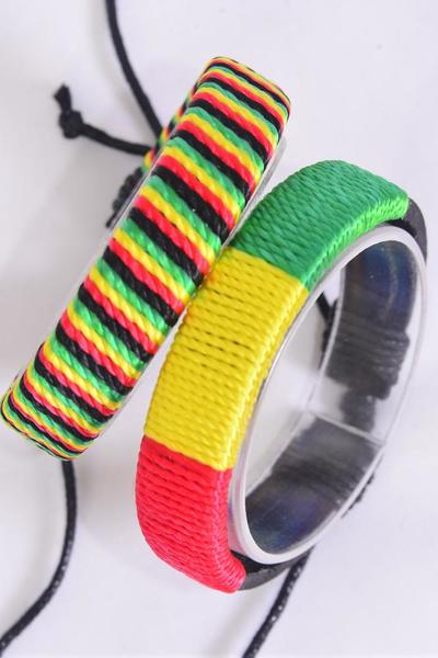 Bracelet Real leather Band Rasta Jamaica Colors Adjustable/DZ Unisex, Adjustable, 6 of each Pattern Asst, Hang tag & OPP Bag & UPC Code