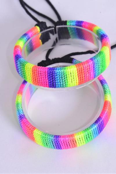 Bracelet Real Leather Band Rainbow Color Cotton Threaded Wrapped / 12 pcs = Dozen   Unisex , Adjustable , Individual Hang tag & OPP Bag & UPC Code