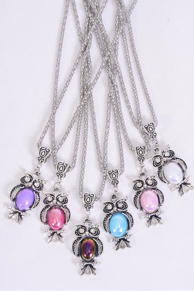 Necklace Silver Chain Metal Antique Silver Owl Poly Iridescent Multi / 12 pcs = Dozen Match 00031 26945 Owl Size - 1.5" Wide , 2 of each Design Asst , Hang Tag & OPP Bag & UPC Code