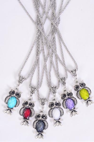 Necklace Silver Chain Owl Marble Like Diamond Cut Multi / 12 pcs = Dozen  Match 02656 Pendant - 1.5" x 0.75" Wide , Chain-18" Extension Chain , 2 of each Color Asst , Hang Tag & OPP Bag & UPC Code