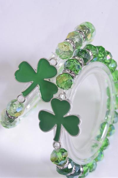 Bracelet Shamrock Epoxy 10 mm Glass Crystal & Rhinestone Bezel Stretch /DZ Stretch , 6 of each Color Asst , Hang Tag & OPP Bag & UPC Code