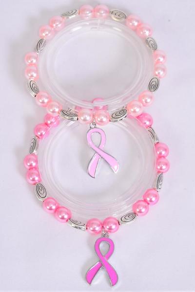 Bracelet Glass Pearl 10 mm Pink Ribbon / 12 pcs = Dozen  match 03101 Stretch , 6 Baby Pink , 6 Hot Pink Color Asst , Hang Tag & OPP bag & UPC Code
