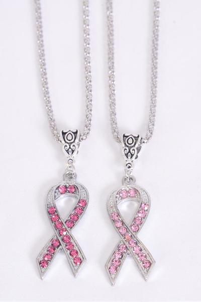Necklace Chain Pink Ribbon Rhinestone Pendant / 12 pcs = Dozen Match 25033  Pendant - 1.5" x 0.5" Wide , 18" Long , 6 Gold & 6 Silver Mix , 6 of each Color Mix , Display Card & OPP bag & UPC Code