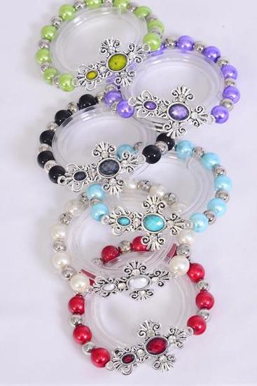 Bracelet Sideways Cross Marble look Stretch Pearl Multi / 12 pcs = Dozen  match 00033 70122 Stretch , Cross - 1.75" x 1.25" Wide , 2 White , 2 Pink , 2 Blue , 2 Yellow , 2 Purple , 1 Orange , 1 Lime Color Asst , Hang Tag & OPP Bag & UPC Code