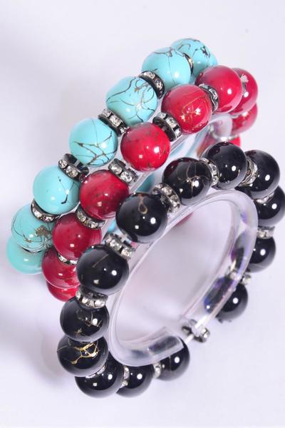 Bracelet Poly Ball & 10 mm Rhinestone Bezel All Around Stretch / Dozen Stretch , 4 Black , 4 Turquoise , 4 Red Color Asst , Hang Tag & Opp Bag & UPC Code