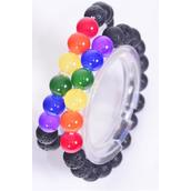 Bracelet 10 mm Real Lava  Black Bead Rainbow LGBTQ Gay Pride Stretch/DZ Stretch,Hang Tag &amp; OPP Bag &amp; UPC Code