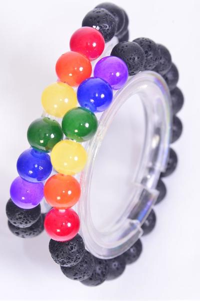 Bracelet 10 mm Real Lave Rock Bead Rainbow Color Beads Mix Stretch / 12 pcs = Dozen  Stretch , Hang Tag & OPP Bag & UPC Code