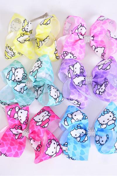 Hair Bow Jumbo Cute Kitty Hearts Grosgrain Bow-tie Pastel / 12 pcs Bow = Dozen Alligator Clip , Size- 6" x 5" Wide , 2 Baby Pink , 2 Lavender , 2 Hot Pink , 2 Mint Green , 2 Blue , 2 Yellow Color Asst ,Clip Strip & UPC Code
