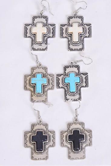 Earrings Metal Antique Cross Western Like Semiprecious Stone / 12 pair = Dozen  Fish Hook , Size - 1.25" x 1" Wide , 4 Black , 4 Ivory , 4 Turquoise Asst , Earring Card & OPP Bag & UPC Code