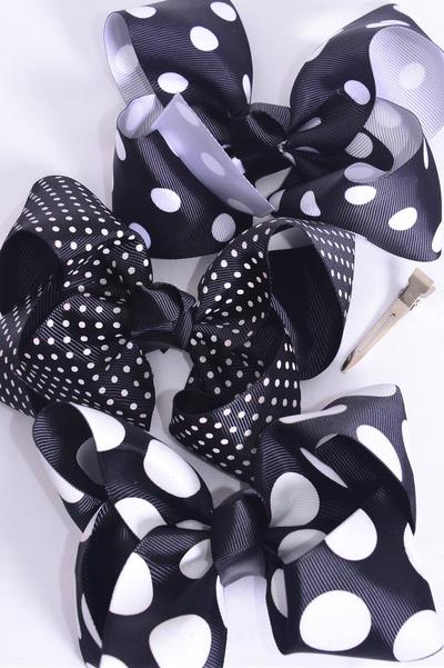 Hair Bow Jumbo Polka dots Black White Mix Grosgrain Bow-tie / 12 pcs Bow = Dozen  Black Mix , Alligator Clip , Size - 6" x 5" Wide , 4 of each Pattern Asst , Clip Strip & UPC Code-