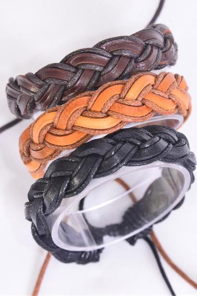 Bracelet Real Leather Hand Braided 2 Tone Fish Tail Adjustable / 12 pcs = Dozen  Unisex , Adjustable , 4 of each Pattern Mix , Hang tag & OPP Bag & UPC Code