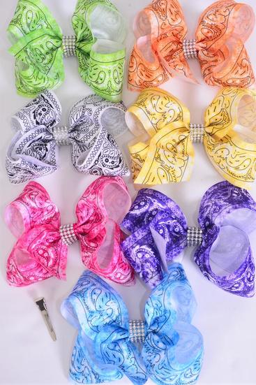 Hair Bow Jumbo Bandana Paisley Gradient Tiedye Grosgrain Bow-tie / 12 pcs Bow = Dozen Alligator Clip , Size -  6" x 5" Wide , 2 Fuchsia , 2 Blue , 2 Yellow , 2 Purple , 2 White , 1 Lime , 1 Orange Color Mix , Clip Strip and UPC Code