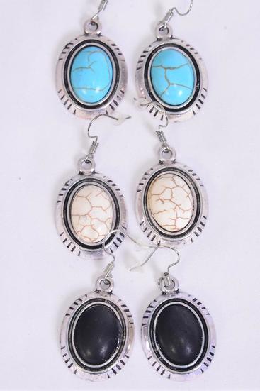 Earrings Metal Antique Oval Semiprecious Stone / 12 pair = Dozen Fish Hook , Size - 1.25" x 1" Wide , 4 Black , 4 Ivory , 4 Turquoise Color Asst , Earring Card & OPP Bag & UPC Code