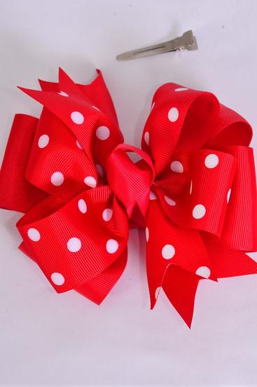 Hair Bow Jumbo Double Layered Polka dots Red Grosgrain Bow-tie / 12 pcs Bow = Dozen  Alligator Clip , Size- 6"x 5" Wide , Clip Strip & UPC Code