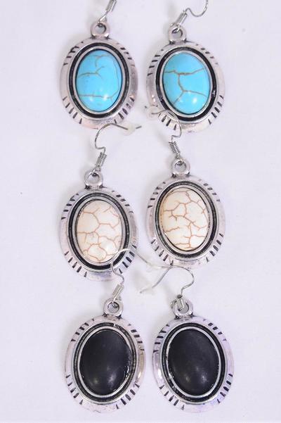 Earrings Metal Antique Oval Semiprecious Stone / 12 pair = Dozen Fish Hook , Size - 1.25" x 1" Wide , 4 Black , 4 Ivory , 4 Turquoise Color Asst , Earring Card & OPP Bag & UPC Code