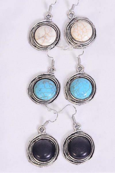 Earrings Metal Antique Real Semiprecious Stone / 12 pair = Dozen Fish Hook , Size - 1" Wide , 4 Black , 4 Ivory , 4 Turquoise Asst , Earring Card & OPP Bag & UPC Code 