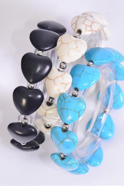 Bracelet Semiprecious Stone Heart Stretch / 12 pcs = Dozen Match 03121 Stretch , 4 Black , 4 Ivory , 4 Turquoise Color Asst , Hang Tag & Opp Bag & UPC Code