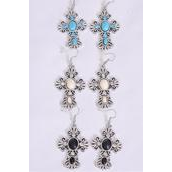 Earrings Metal Antique Cross Semiprecious Stone/DZ match 75025 Fish Hook,Size-1.75&quot;x 1.25&quot; Wide,4 Black,4 Ivory,4 Turquoise Asst,Earring Card &amp; OPP Bag &amp; UPC Code