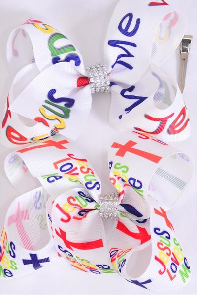 Hair Bow Jumbo Jesus Loves Me Grosgrain Bow-tie /  12 pcs Bow = Dozen  Alligator Clip , Size - 6" x 5" Wide , 6 of each Pattern Asst , Clip Strip & UPC Code