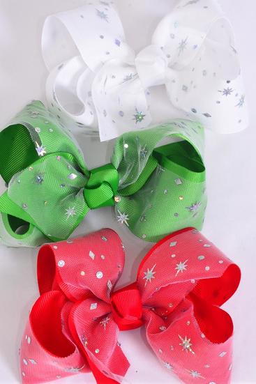 Hair Bow Jumbo XMAS Mesh Double Layered Hologram Stars Red White Green Mix Grosgrain Bow-tie / 12 pcs Bow = Dozen Christmas , Alligator Clip , Size - 6" x 5" Wide , 4 Red , 4 White , 4 Green Color Asst , Clip Strip & UPC Code.