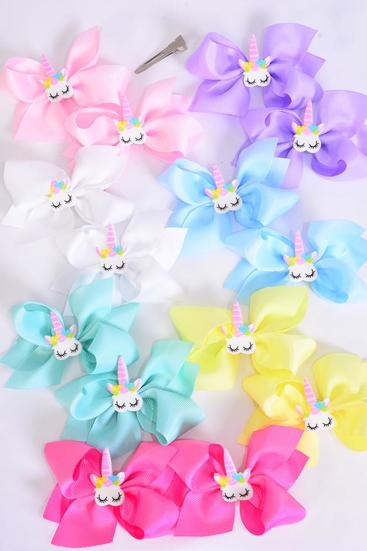 Hair Bow 24 pcs Center Unicorn Charm Pastel Grosgrain Bow-tie / 24 pcs Bow = Dozen  Alligator Clip , Size - 3.5" x 3" , 2 White , 2 Baby Pink , 2 Lavender , 2 Hot Pink , 2 Mint , 1 Blue , 1 Yellow Color Asst , Clip Strip & UPC Code