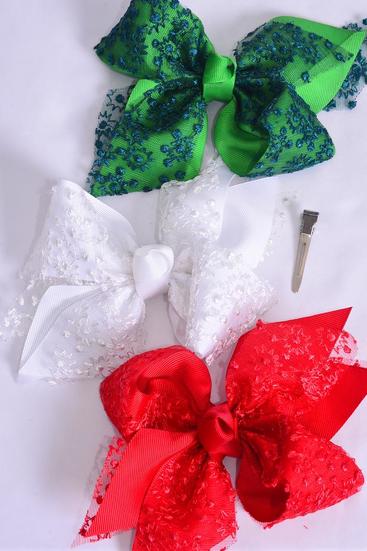 Hair Bow Jumbo Double Layered Embroidery Lace Grosgrain Bow-tie / 12 pcs Bow = Dozen Lace , Alligator Clip , Bow - 6" x 5" Wide , 4 of each Pattern Mix , Clip Strip & UPC Code