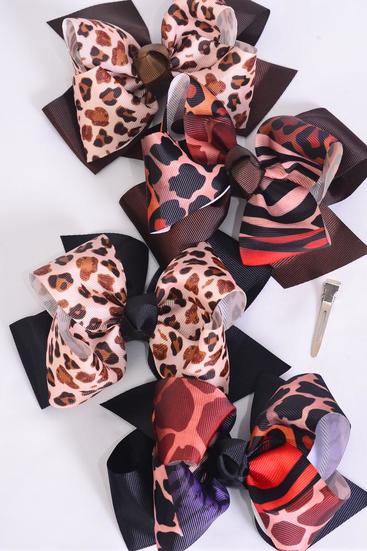 Hair Bow Jumbo Double Layered Leopard Mix Grosgrain Bow-tie / 12 pcs Bow = Dozen Alligator Clip , Size - 6" x 5" Wide , 3 of each Pattern Asst , Clip Strip & UPC Code