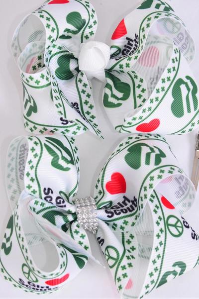 Hair Bow Jumbo Girl Scouts Grosgrain Bow-tie / Dozen Alligator Clip , Size-6"x 5" Wide , 6 Of Each Pattern Asst , Clip Strip & UPC Code