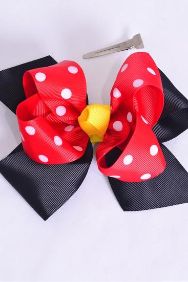 Hair Bow Jumbo Double Layered Polka dots Grosgrain Bow-tie / 12 pcs Bow = Dozen  Alligator Clip , Size - 6" x 5" Wide , Clip Strip & UPC Code