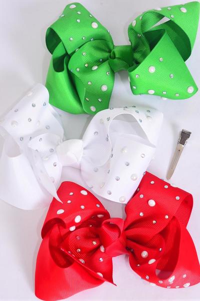 Hair Bow Jumbo XMAS Iridescent Pearl Studded Grosgrain Bow-tie Red White Green Mix / 12 pcs Bow = Dozen Christmas , Alligator Clip , Size - 6" x 5" Wide , 4 of each Pattern Asst , Clip Strip & UPC Code