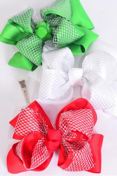 Hair Bow Jumbo Double Layered Silver Mesh Metallic Grosgrain Bow-tie Red White Green Mix / 12 pcs Bow = Dozen  Christmas , Alligator Clip , Size - 6" x 5 " Wide , 4 of each Pattern Asst , Clip Strip & UPC Code