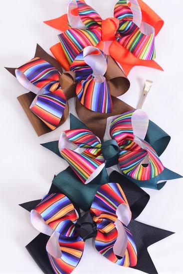 Hair Bow Jumbo Double Layered Serape Pattern Mix Grosgrain Bow-tie / 12 pcs Bow = Dozen  Fall , Alligator Clip , Size - 6" x 5" Wide , 4 Of Each Pattern Asst , Clip Strip & UPC Code