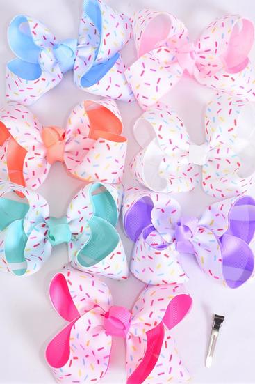 Hair Bow Jumbo Double Layered Jimmies Sprinkles Grosgrain Bow-tie Pastel / 12 pcs Bow = Dozen Alligator Clip , 2 White ,2 Pink ,2 Blue ,2 Purple ,2 Hot Pink ,1 Peach ,1 Mint Green Color Mix , Clip Strip & UPC Code