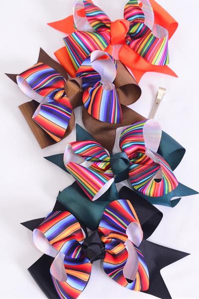 Hair Bow Jumbo Double Layered Serape Pattern Mix Grosgrain Bow-tie / 12 pcs Bow = Dozen  Fall , Alligator Clip , Size - 6" x 5" Wide , 4 Of Each Pattern Asst , Clip Strip & UPC Code