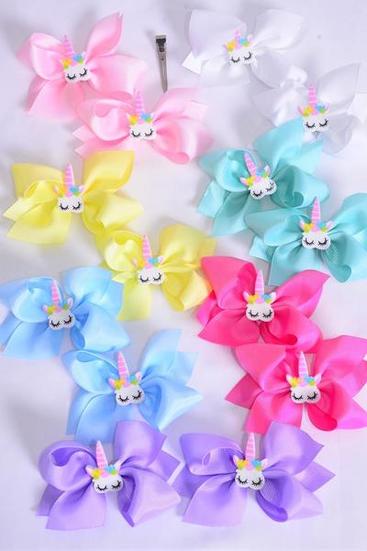 Hair Bow 24 pcs Center Unicorn Charm Pastel Grosgrain Bow-tie / 24 pcs Bow = Dozen  Alligator Clip , Size - 3.5" x 3" , 2 White , 2 Baby Pink , 2 Lavender , 2 Hot Pink , 2 Mint , 1 Blue , 1 Yellow Color Asst , Clip Strip & UPC Code