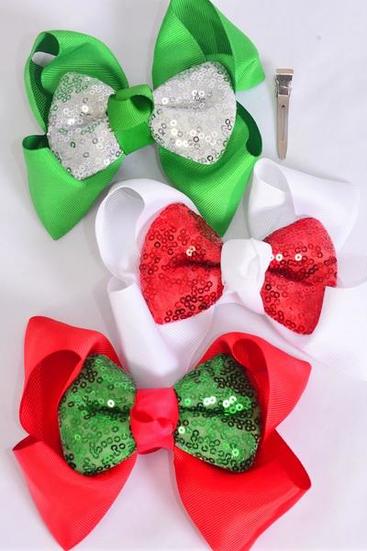 Hair Bow Jumbo Double Layered XMAS Sequin Bow tie Red White Green Mix Grosgrain Bow-tie / 12 pcs Bow = Dozen Alligator Clip , Size-6"x 6" Wide , 4 of each Color Asst , Clip Strip & UPC Code
