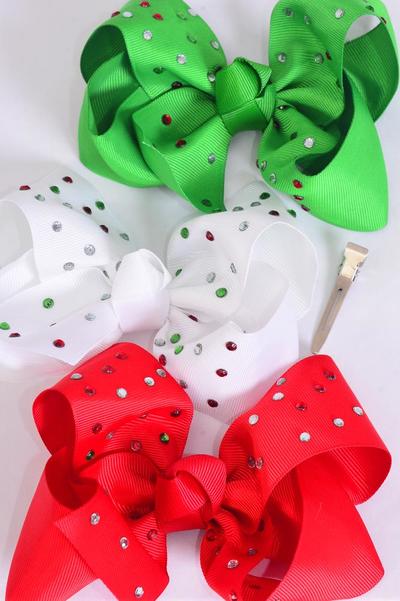 Hair Bow Jumbo XMAS Studded Multi Color Stones Grosgrain Bow-tie / 12 pcs Bow = Dozen Christmas , Alligator Clip , Size- 6"x 5" Wide , 4 Of each Pattern Asst , Hang Tag & UPC Code