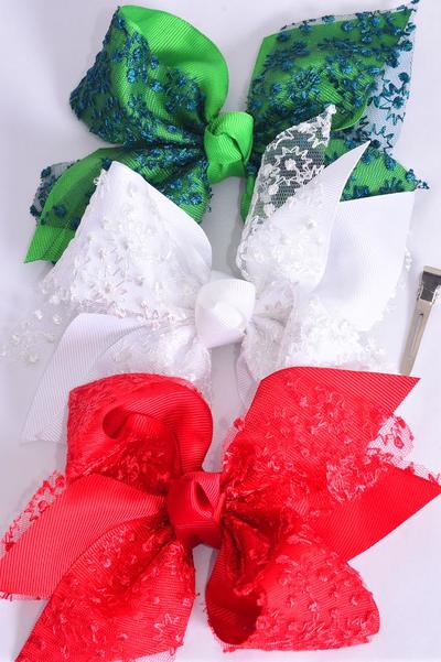 Hair Bow Jumbo XMAS Double Layered Embroidery Lace Grosgrain Bow-tie / 12 pcs Bow = Dozen Alligator Clip , Bow-6"x 6" Wide , 4 of each Pattern Mix , Clip Strip & UPC Code