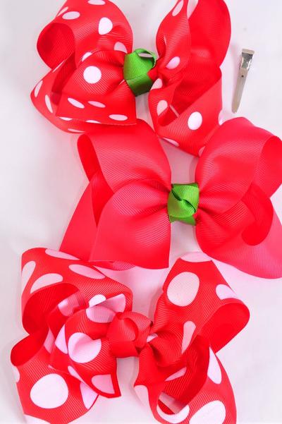 Hair Bow Jumbo Red Polka dots Mix Grosgrain Bow-tie / 12 pcs Bow = Dozen Red Polka dot Mix , Alligator Clip , Size-6"x 5" Wide , 4 of each Pattern Mix , Clip Strip & UPC Code