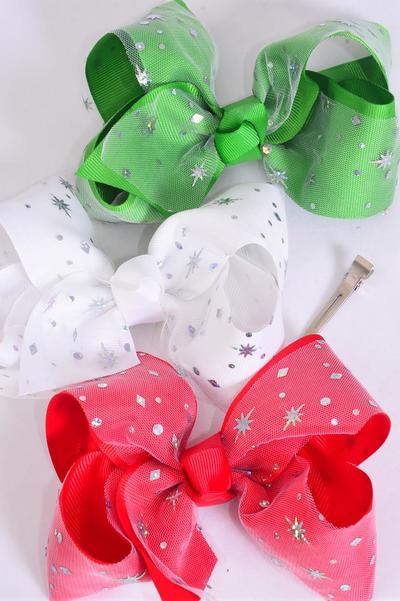 Hair Bow Jumbo XMAS Mesh Double Layered Hologram Stars Red White Green Mix Grosgrain Bow-tie / 12 pcs Bow = Dozen Christmas , Alligator Clip , Size - 6"x 5" Wide , 4 Red , 4 White , 4 Green Color Asst , Clip Strip & UPC Code.