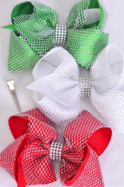 Hair Bow Jumbo XMAS Double Layered Silver Mesh Grosgrain Bow-tie Red White Green Mix / 12 pcs Bow = Dozen Alligator Clip , Size - 6"x 5" Wide , 4 of each Color Asst , Clip Strip & UPC Code
