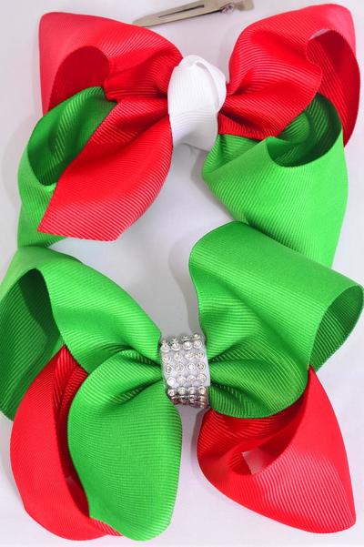 Hair Bow Jumbo XMAS 2- Tone Center Clear Stone Grosgrain Bow-tie / 12 pcs Bow = Dozen Alligator Clip , Size - 6" x 5" Wide , 6 of each Pattern Asst , Clip Strip & UPC Code
