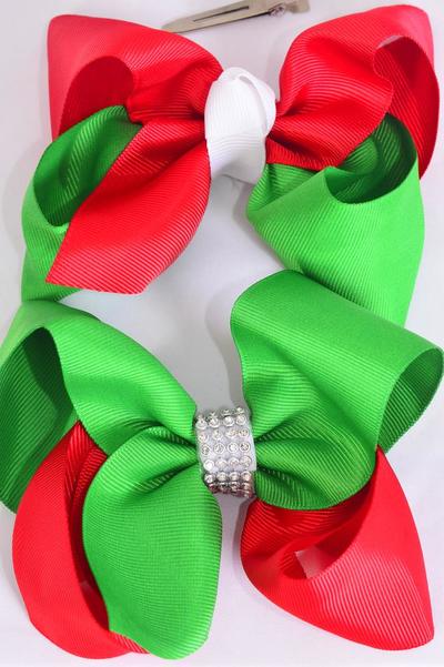 Hair Bow Jumbo XMAS 2- Tone Center Clear Stone Grosgrain Bow-tie / 12 pcs Bow = Dozen Alligator Clip , Size-6"x 5" Wide , 6 of each Pattern Asst , Clip Strip & UPC Code