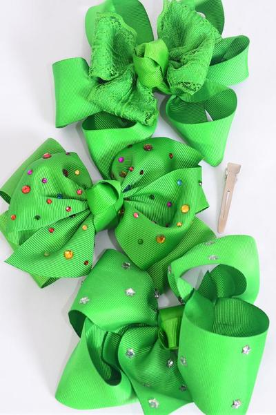 Hair Bow Jumbo XMAS Green Christmas White Mix Grosgrain Bow-tie / 12 pcs Bow = Dozen Christmas , Bow Size-6"x 5", Alligator Clip , 4 of each Pattern Asst , Clip Strip & UPC Code