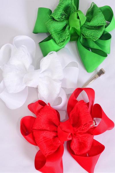 Hair Bow Jumbo XMAS Lace Double Layered Grosgrain Bow-tie / 12 pcs Bow = Dozen Christmas , Alligator Clip , Bow Size - 6"x 5", 4 of each Pattern Asst , Clip Strip & UPC Code