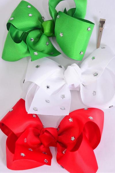 Hair Bow Jumbo XMAS Studded Iridescent Stars Grosgrain Bow-tie / 12 pcs Bow = Dozen Christmas , Alligator Clip , Size-6"x 5" Wide , 4 of each Pattern Asst , Clip Strip & UPC Code