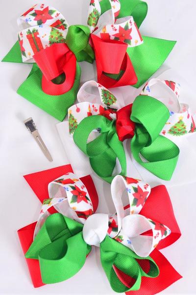 Hair Bow Jumbo XMAS Double Layered Grosgrain Bow-tie Red White Green Mix / 12 pcs Bow = Dozen Alligator Clip , Size - 6"x 5 Wide , 4 Red , 4 White , 4 Green Pattern Asst , Clip Strip & UPC Code