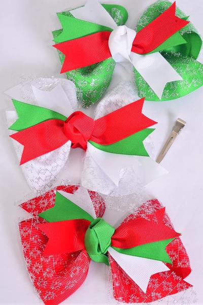 Hair Bow Jumbo Christmas Double Layered Metallic Silver Grosgrain Bow-tie Red White Green Mix / 12 pcs Bow = Dozen Alligator Clip , Size- 6"x 5" Wide , 4 Of Each Pattern Asst , Clip Strip & UPC Code
