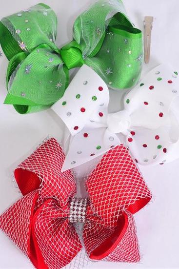 Hair Bow Jumbo Christmas Metallic Star Silver Mesh Studded Mix Grosgrain Bow-tie / 12 pcs Bow = Dozen Alligator Clip , Size - 6" x 5" Wide , 4 Of Each Pattern Asst , Clip Strip & UPC Code